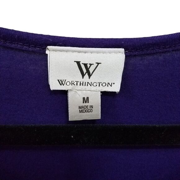 Worthington Womens Sz M Black Purple Solid Cap Sleeve Blouse - Picture 2 of 9